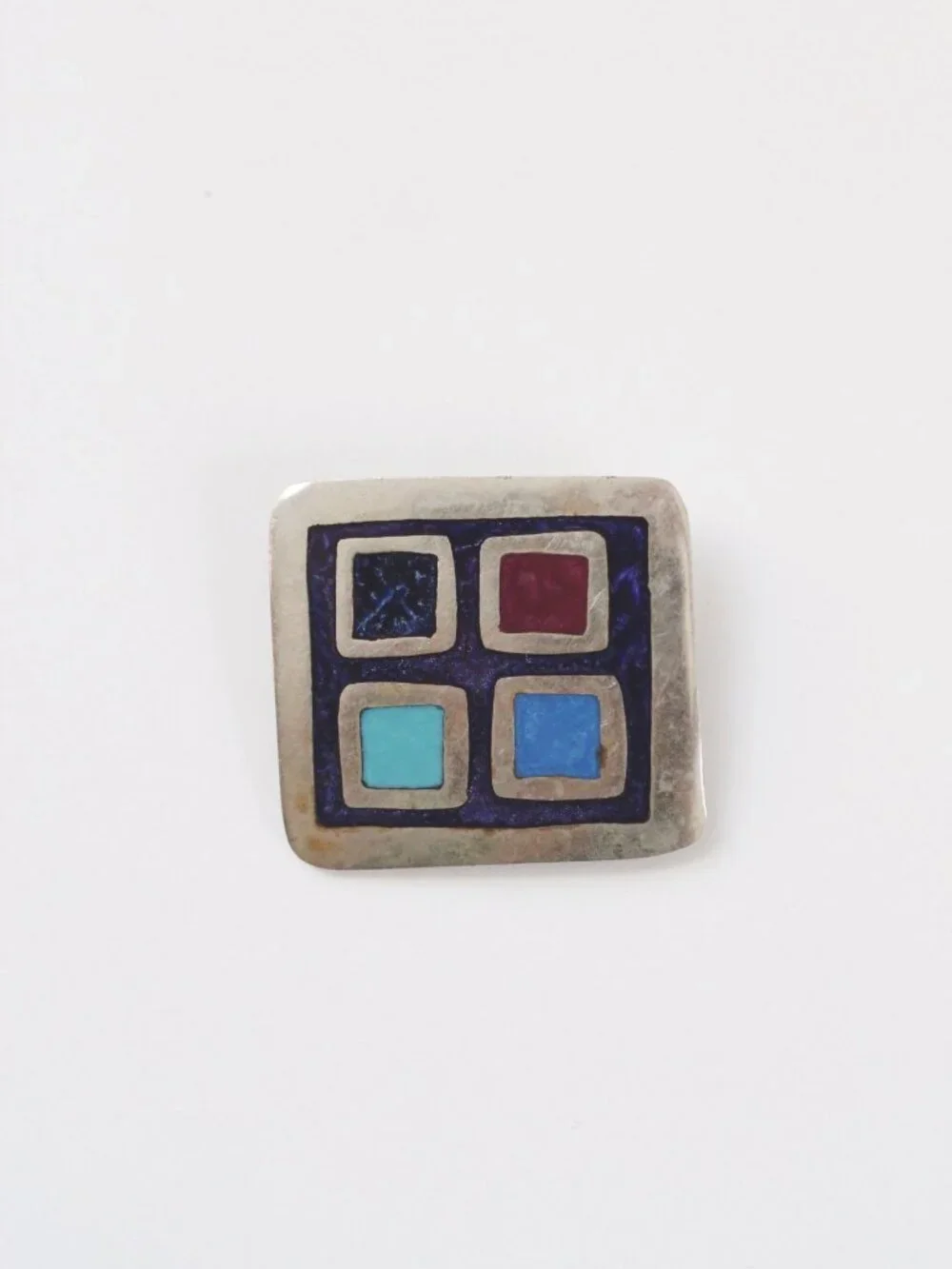 Vintage Modernist Geometric Enamel Inlay Mosaic Brooch Pin Pendant Alpaca Mexico